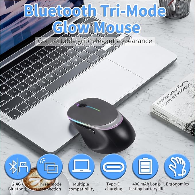 Type-C RGB Wireless Bluetooth Mouse - Ergonomic Rechargeable Silent Clicks for Laptops and PCs - Ideal for Office and Gaming Use (Gray)
