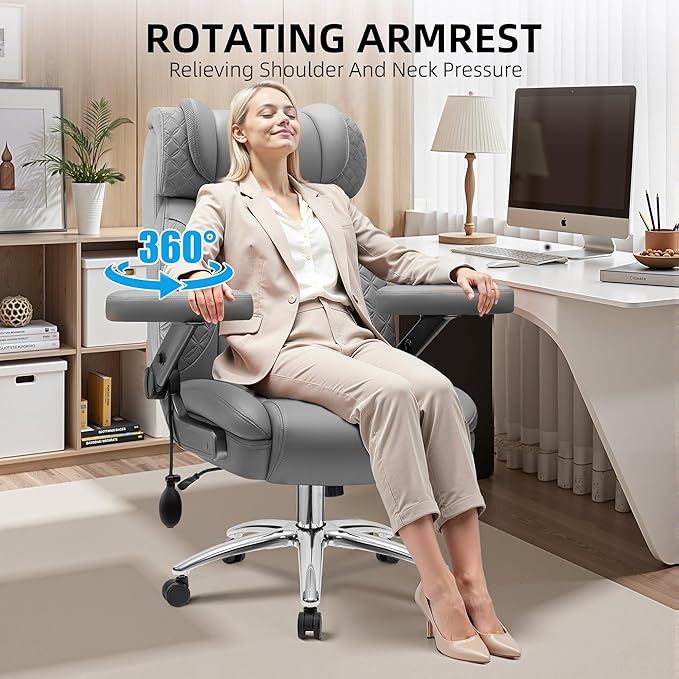 Office Chair 5D Flip Arm Ergonomic Desk Chair with Adjustable Lumbar Support for Back Pain Extra Wide 500LBS Comfy Big and Tall Office Chair Executive Leather Computer Game Chair for Heavy People