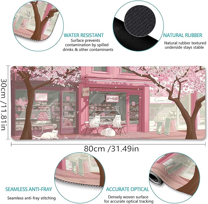 Cat Ergonomic Mouse Pad with Wrist Rest Pink Cherry Blossom Computer Mouse Pad Wrist Support with Non-Slip Pain Relief PU Base Cute Office Desk Decor Accessories Japanese Dessert House