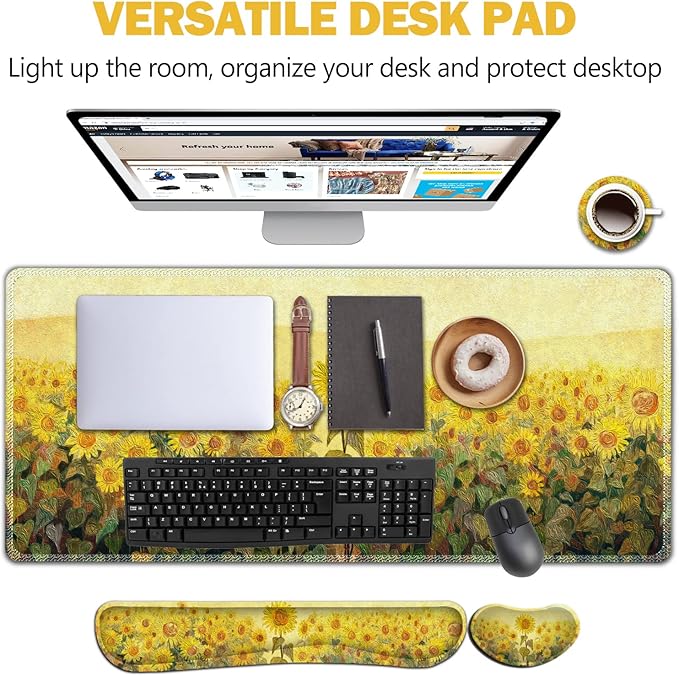 AIMSA Keyboard Mouse Pad Wrist Rest Extended Gaming Mouse Pad +Wrist Support Ergonomic Memory FoamXXL Large Mousepad 4Pcs (35×15.7 in) Desk Mat Sunflower Oil Painting