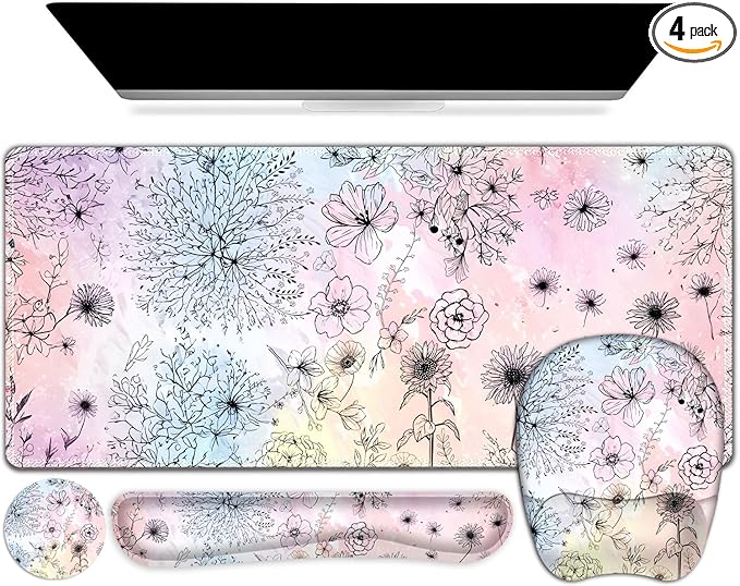 Large Mouse Pad Keyboard Wrist Rest Set Ergonomic Mouse Pad with Wrist Support Desk Mat with Stitched Edges Extended Desk Pad Waterproof Desk Mat for Home Office Game I Dandelion &amp Sunflower
