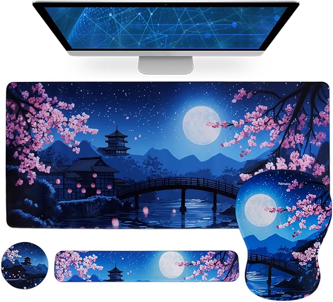 Petmolico Mouse Pad Set with Computer Keyboard Desk PadMouse Pad with Wrist RestTyping Wrist Pad and Cup CoastersErgonomic Design for Typing Pain Relief [NightfallMoon]