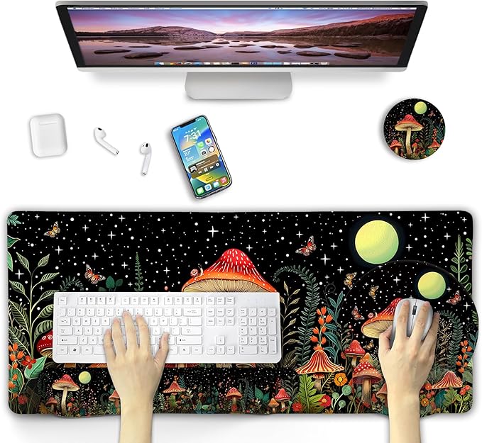 Blusabaca Mushroom Mouse Pad Funny Cute Desk Mat Large Gaming Mouse Pad with Wrist Rest Keyboard Pad Wrist Rest Ergonomic Cup Coaster Work Home Desk Accessories Office Supplies