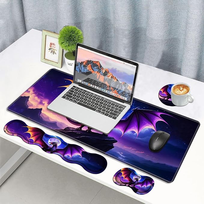 4 in 1 Ergonomic Memory Foam Mouse Pad Wrist Rest Set Large XXL Gaming Desk Pad + Keyboard Wrist Rest + Mouse Wrist Cushion + Coaster for Home Office Study Gaming Dragon