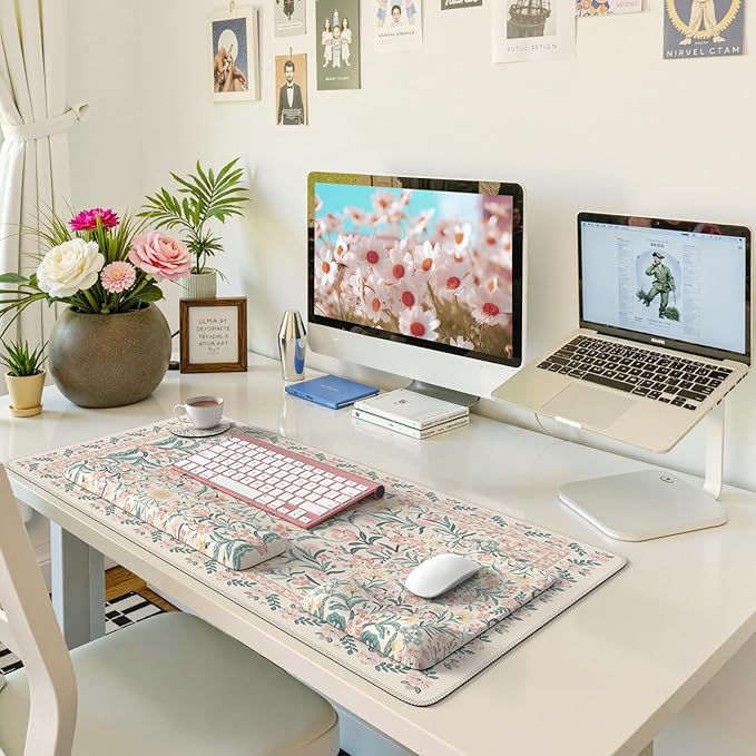 iLeadon Pink Desk Mat Set Cute Non-Slip Mouse and Keyboard Pad Mat for Desk Ergonomic Desk Mouse Pad Extra Large Floral Teacher Desk Mat with Wrist Rest for Women Home Office