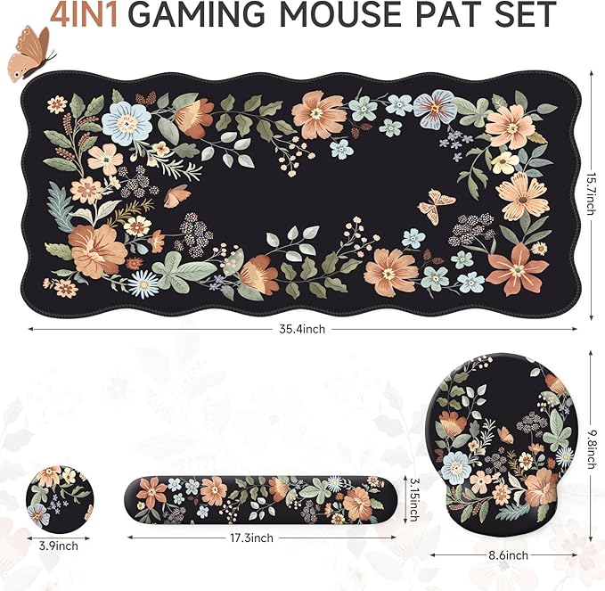 iLeadon Floral Mouse Pad Sets Desk Matt for Desktop Mouse Pad with Wrist Support Extra Large Desk Size Mouse Mat+Cup Coaster with Non-Slip Base for Women Home Office (Black)