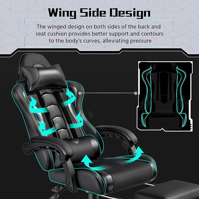 Yaheetech Gaming Chair Video Game Chair with Massage Lumbar Support and Footrest Height Adjustable Ergonomic Computer Chair with Swivel Seat and Headrest Full Black