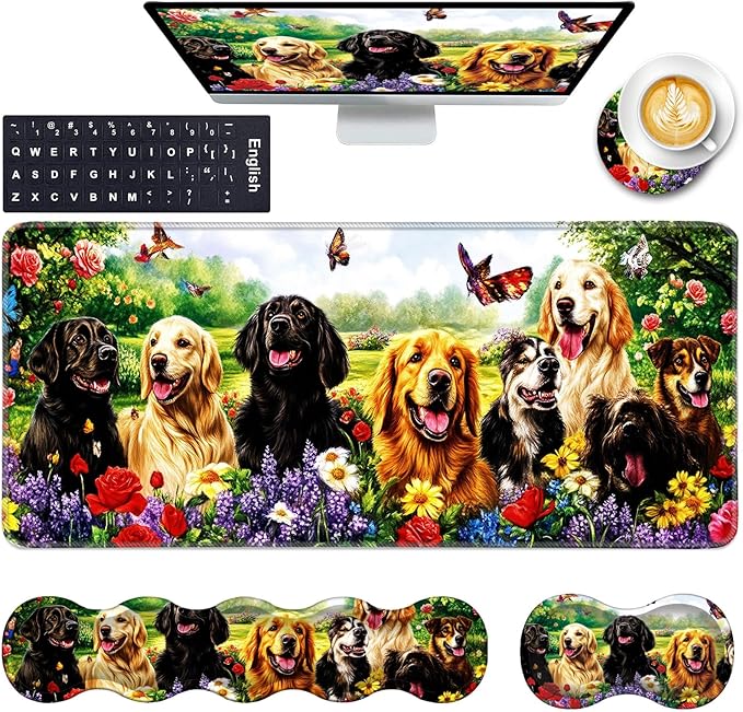 Keyboard Wrist Rest and Mouse Pad with Wrist Support Set Ergonomic CoasterMemory FoamEasy Typing Pain ReliefLarge XL Desk Mat 31.5x 11.8Dog with Butterflies and Flowers
