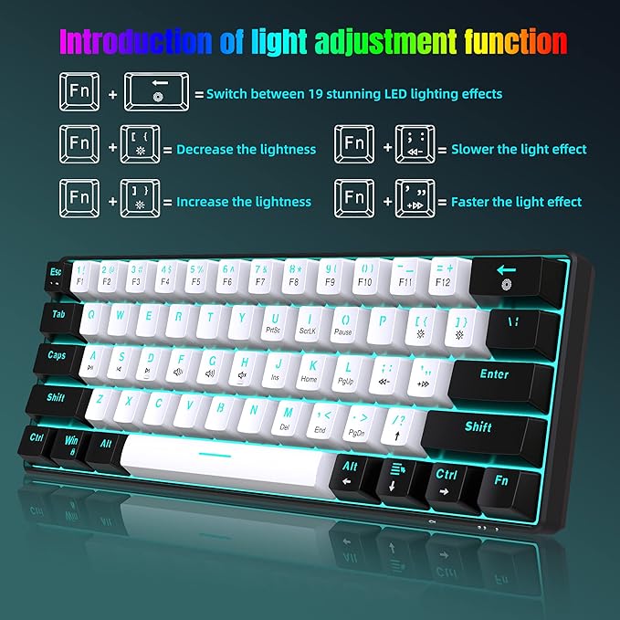Snpurdiri 60% Wired Mechanical Gaming Keyboard Ice Blue LED Backlit 61 Keys Mini Wired Office Keyboard for Windows Laptop PC Mac (Black-White Brown Switches)