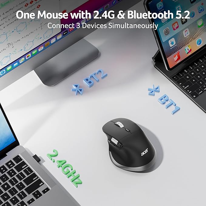 acer Ergonomic Mouse Wireless Rechargeable with Side Scroll (BT5.2+2.4GHz) Bluetooth Computer Mouse for Laptop Medium to Large Sized Hands Office USB Mice 8 Buttons 4800 DPI for PC Desktop
