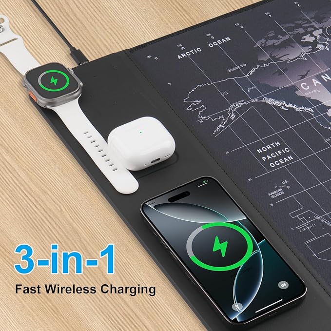 Wireless Charging Mouse Pad 15W Waterproof Gaming Mousepad with Ultra-Smooth Surface Non-Slip Base XXL Large Desk Mat 90 x 40cmBlack World Map Computer Desk Pad for MacBook PC Laptop