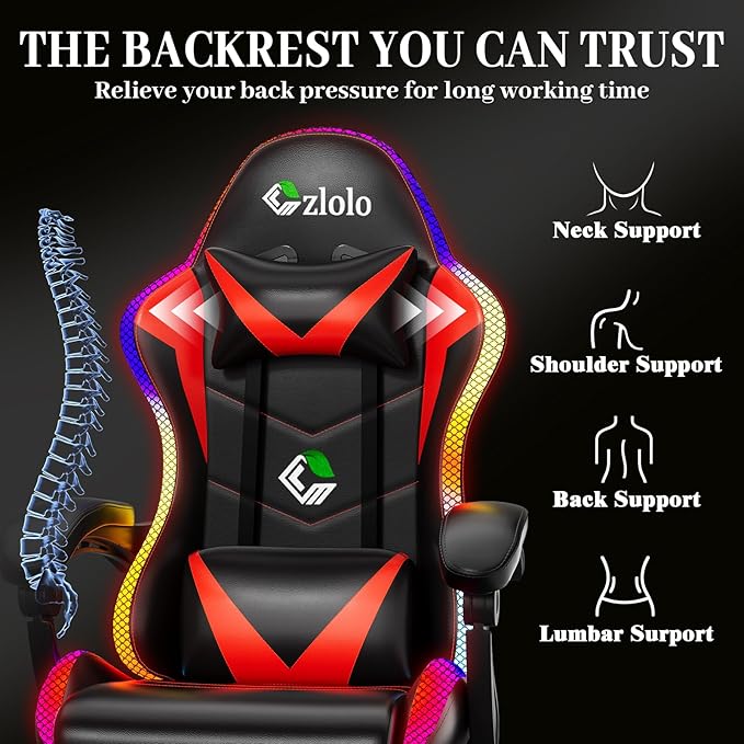 Gaming Chair Racing Style RGB LED Lights Gaming Chairs for Adults and Kids Lumbar Massager Gamer Chair High Back Reclining Computer Chair with Footrest and Headrest (Black/Red)