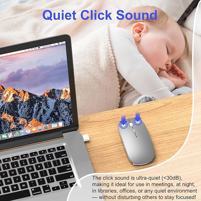 Bluetooth Wireless Mouse for MacBook Air Mac Pro iPad Laptop Computer Pad Optical Rechargeable Slim Silent Dual Mode (2.4G USB-C/USB-A&ampBluetooth 5.2/3.0) Mouse Jiggler for Computer Awakening(Grey)