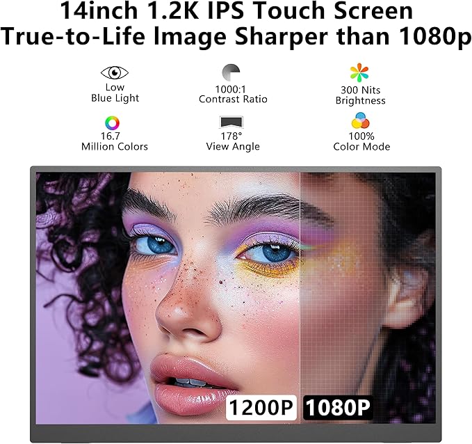 Portable Monitor Touchscreen 14” 1920 * 1200P Gaming DisplayBuilt-in Stand Speakers HDR IPS External Monitor for Laptop PortableTravel Monitors for Laptop Mac PC Phone PS4/5 Xbox Switch