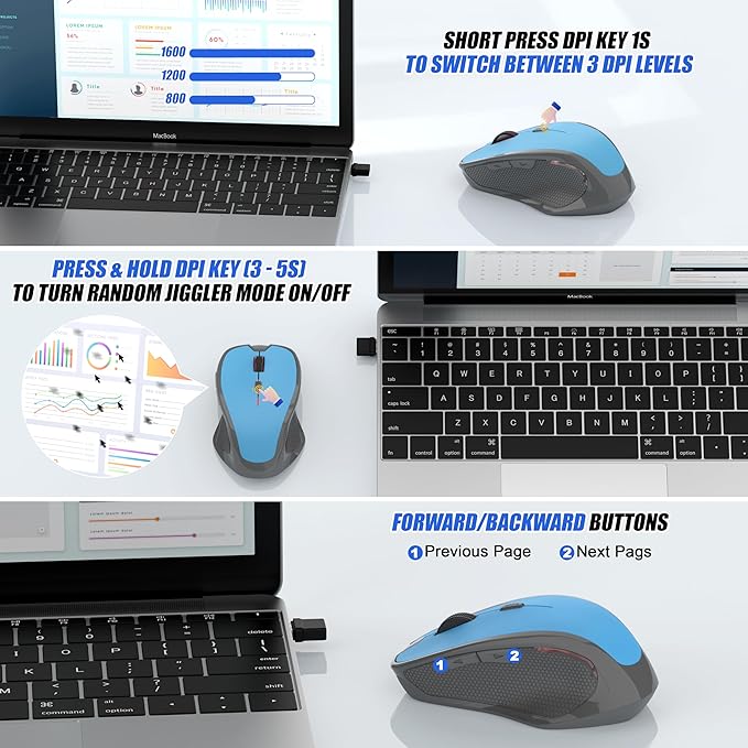 Wireless Bluetooth Mouse for iPad Pro MacBook Ergonomic Rechargeable Mice with Jiggler Mode 2-Mode Bluetooth 5.2/3.0 &amp 2.4G USB-A/USB-C Receiver Silent Optical Mouse for Mac PC Laptop Blue