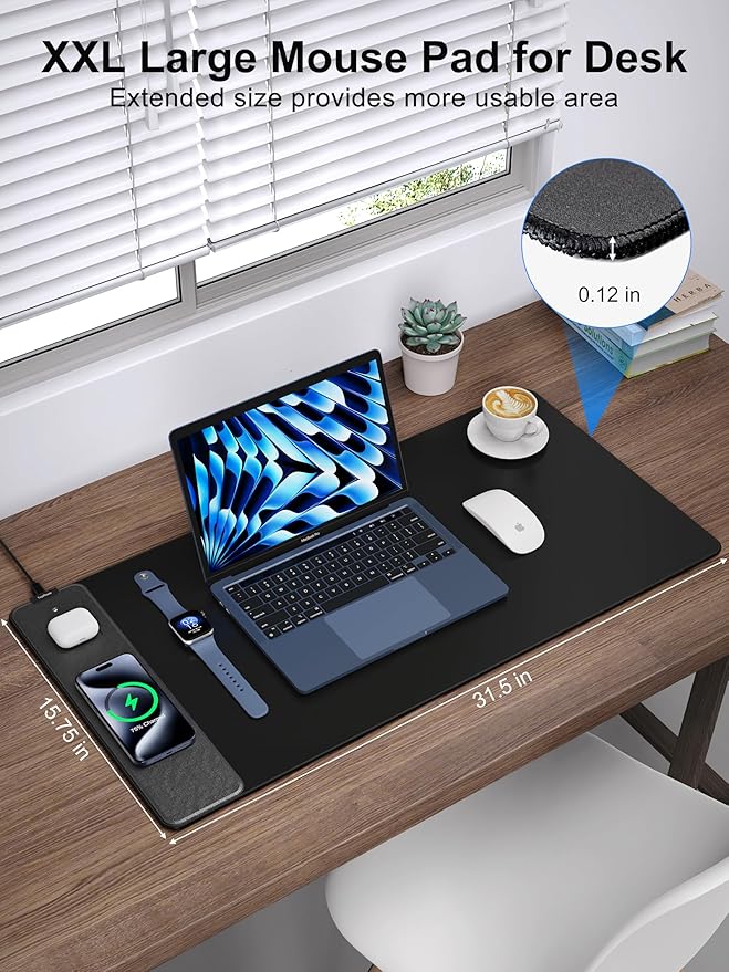 TopMade Mouse Pad with 15W Fast Wireless Charging 31.5x15.75 XXL Large Gaming Mousepad Waterproof Desk Pad Computer Desk Mat Black(Includes 20W PD Power Adapter &amp 6.56ft Woven Cable)