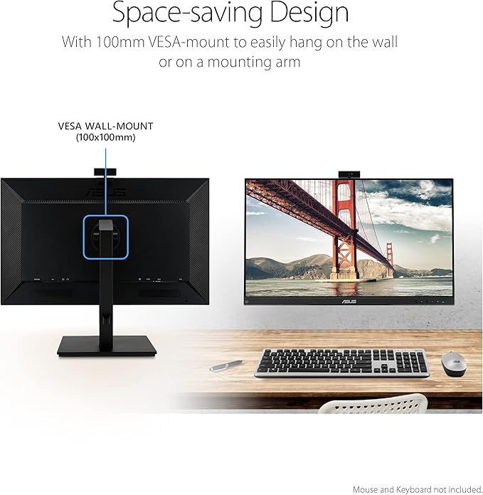 ASUS 27” 1080P Video Conference Monitor (BE279QSK) - Full HD IPS Built-in Adjustable 2MP Webcam Mic Array Speakers Eye Care Wall Mountable Frameless HDMI DisplayPort VGA Height Adjustable