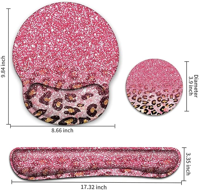 Keyboard Wrist Rest and Mouse Pad with Wrist Support Ergonomic Mouse Pad CoasterEasy Typing Pain Relief Memory Foam Keyboard Mousepad Set Pink Leopard