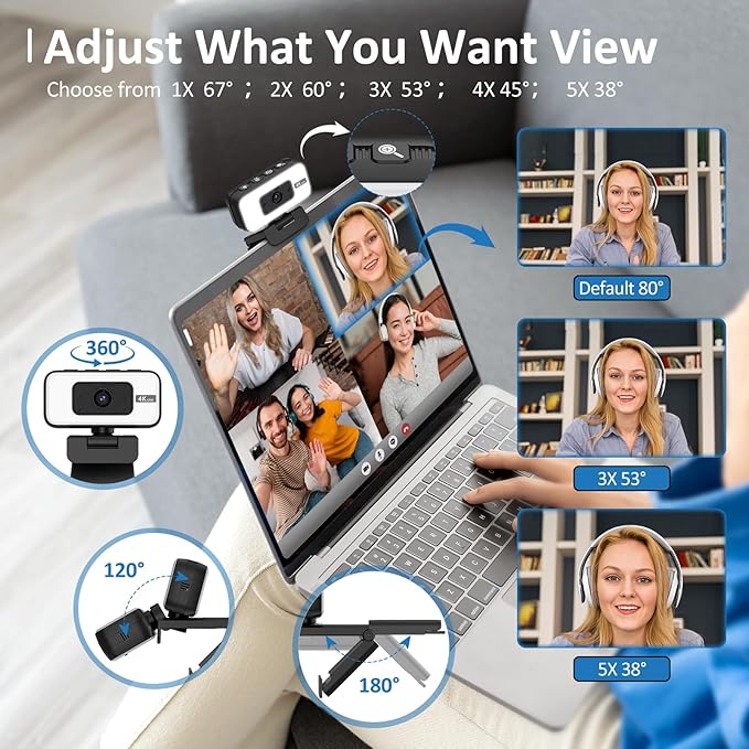 4K Webcam with Light for PC &amp Laptop &amp Mac Computer Camera with AI PDAF AutoFocus Four Physical Controls Buttons Adjustable Webcam Light Privacy Cover for Remote Work