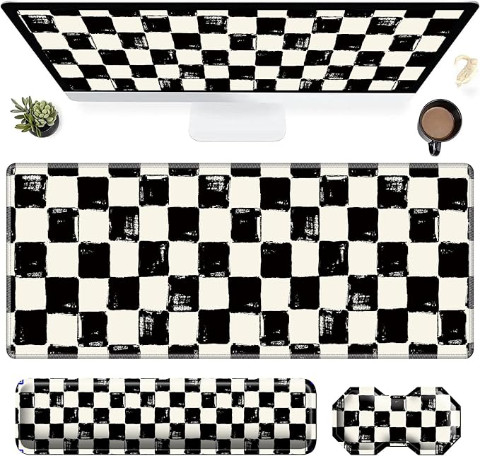 3Pcs Mouse Pad Set Black White Checkerboard Large Gaming Mouse Pad with Stitched Edge Ergonomic Memory Foam Keyboard Wrist Support and Mouse Wrist Rest Cushion Pain Relief Non-Slip Desk Pad Combo