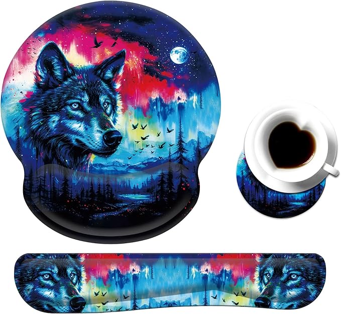 Keyboard Wrist Rest and Mouse Pad Wrist Support Set with CoasterComfortable for Easy TypingPain ReliefMemory Foam Keyboard Pad Set for Laptop MacForest Wolf