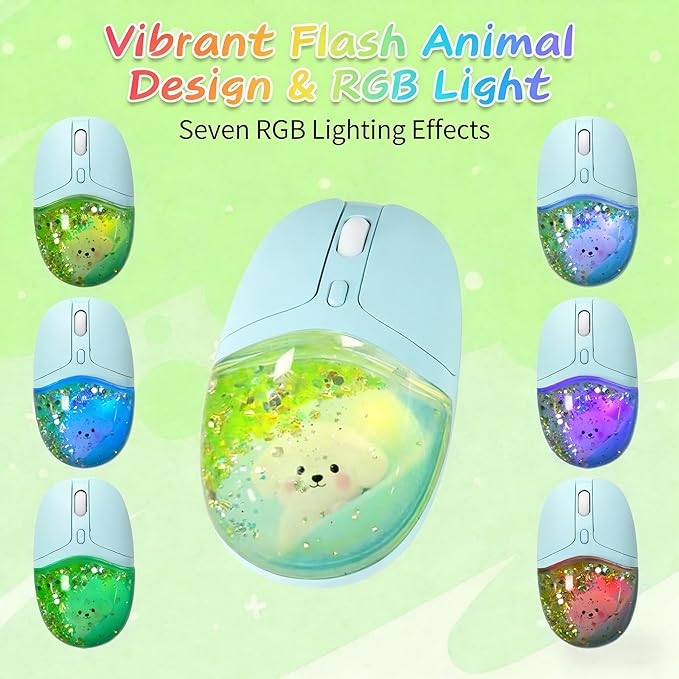 Wireless MouseGlitter Animal Design 3-Device Bluetooth &amp 2.4 G 4000 DPI RGB Light Multi-Mode Portable Mouse for PC Laptop Office Gaming Students Home Travel Use (Green)