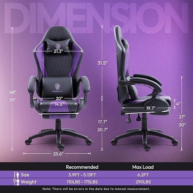 Dowinx Gaming Chair with Massage Lumbar Support and Footrest Gaming Chairs for Adults Ergonomic Computer Chair High Back with Pocket Spring Cushion Swivel Recliner with Headrest Purple