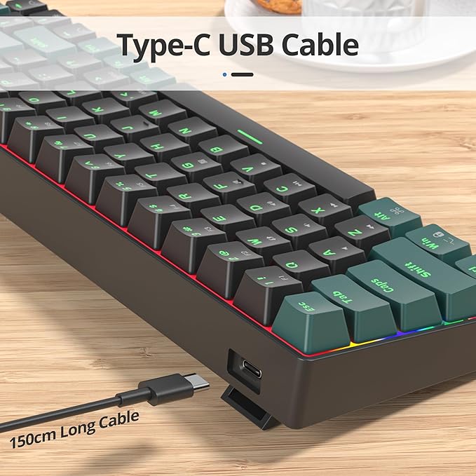 surmen 65% Mechanical Gaming Keyboard with Linear Red Switch Wired Mini Compact Keyboard 60 Percent Backlit for Laptop Desktop PC Gamers（68 Sound Wave B-Rainbow）