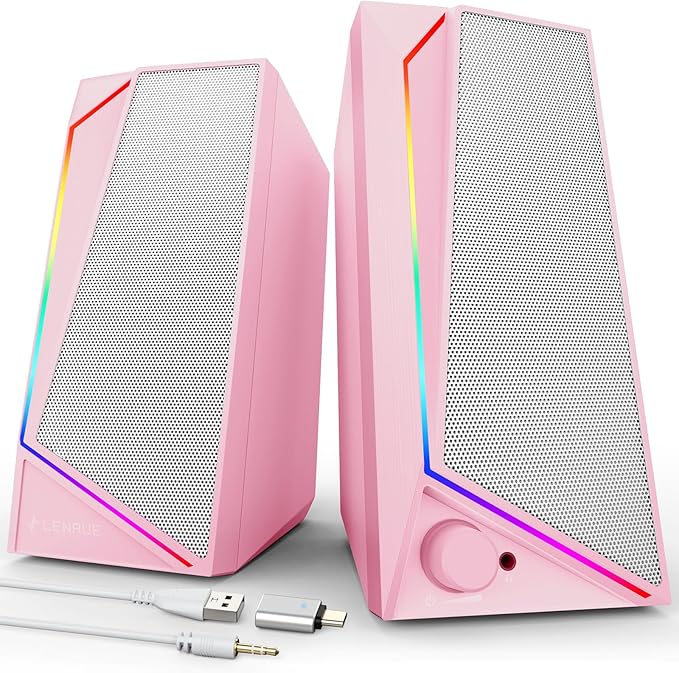 LENRUE Computer Speakers USB/USB-C Powered PC Speakers with Loud Stereo Sound Headphone-in for Desktop Laptop Monitor (USB-C to USB Adapter Included) (Pink)
