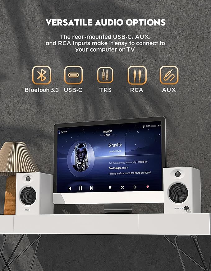 OHAYO 60W Computer Speakers for Gaming and Music Active Bluetooth 5.3 Stereo 2.0 Speakers for Desktop PC Monitor or Laptop Surround Sound Speaker 3.5 mm Aux RCA Input USB-Powered 1 Pair White