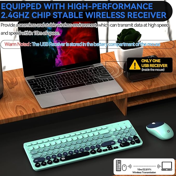 FD Wireless Keyboards and Mouse Combo - 2.4GHz USB Cordless Cute Wireless Keyboard Round Keys Quiet and Slim Set for Laptop Computer TV and Mac - Indigo Blue Colorful