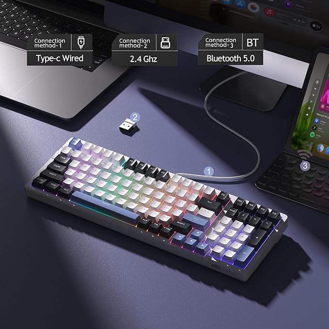 MageGee LIGHT100 Wireless Creamy Keyboard Gasket Structure Hot Swappable Tri-Mode 2.4G/USB-C/BT5.0 RGB Backlit Mechanical Gaming Keyboard for Win/Mac/PC PBT Keycap 4000mAh Battery Blue