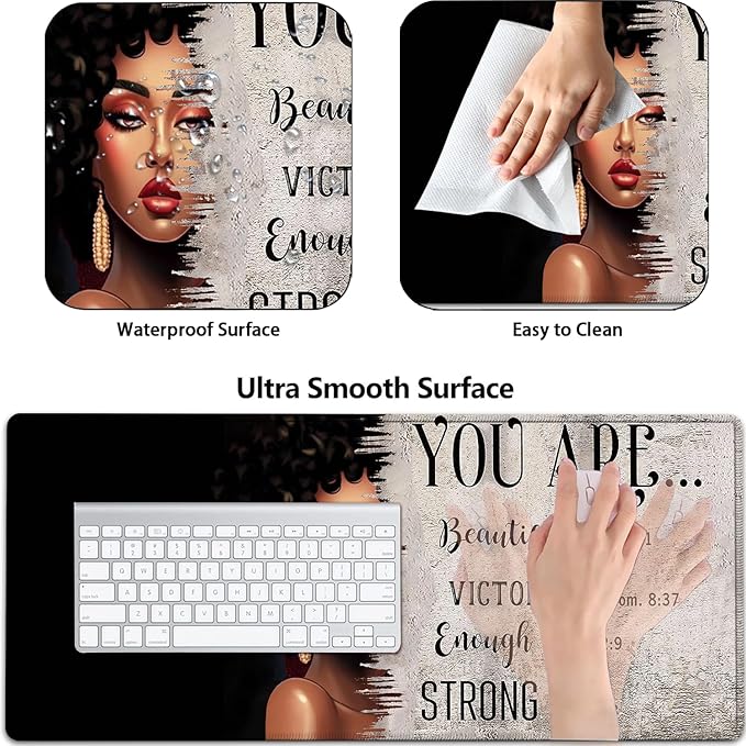 Large Gaming Mouse Pad+ Keyboard Wrist Rest Set Ergonomics Memory Foam Mouse Mat Wrist Rest Support Waterproof Extended Mousepad 31.5x11.8in African American Women Black Girl Black Desk Pad