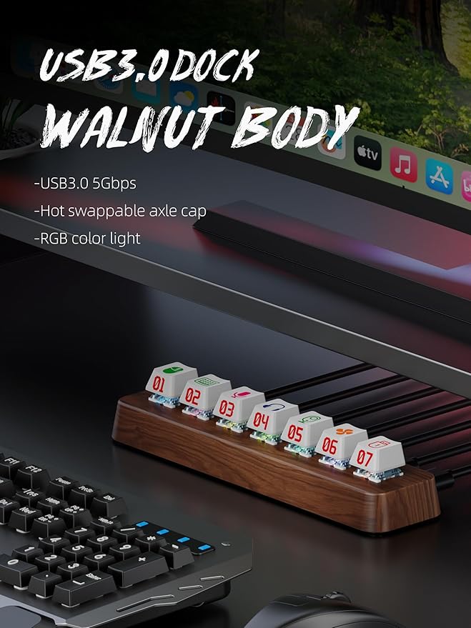 Walnut Wood 7-Port Powered USB 3.0 Hub 5Gbps Data Transfer Independent Hot-Swappable 3-Pin Mechanical Keyboard Switch Expander RGB Backlit Docking Station-FU07