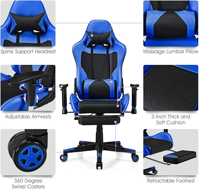 Giantex Massage Gaming Chair Ergonomic Video Game Chair with Footrest High Back E-Sport Computer Chair with Headrest &amp Massager Lumbar Support PU Leather Gaming Seat (Blue)