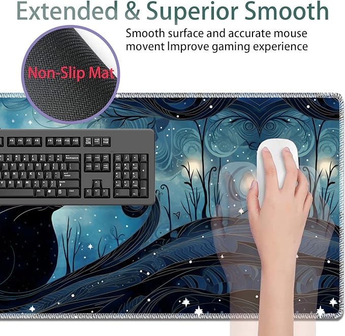 Large Gaming Mouse Pad + Keyboard Wrist Rest + Wrist Support + Coaster Set Memory Foam Ergonomic for Easy Typing XXL Extended Gaming Mouse Pad Table Pad - A Cat in The Moonlight
