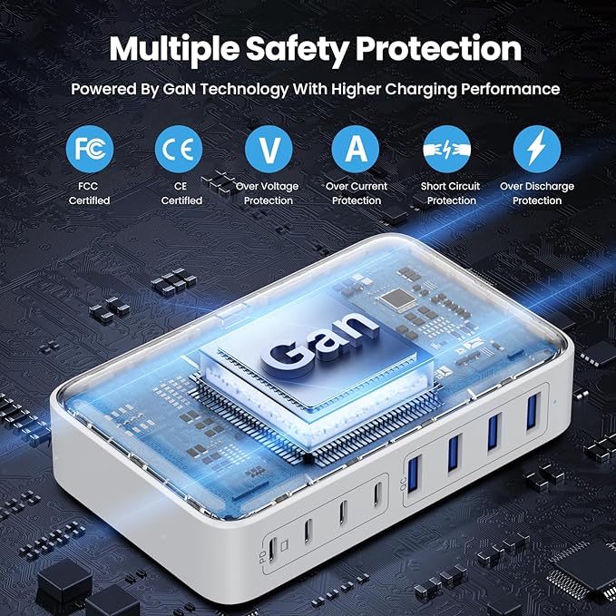 USB C Charger 200W USB C Charger BlockUpgraded GaN III 8-Port Fast Charging Station HubPD 65W Laptop Charging Adapter Compatible with MacBook Pro/AirDELLSteam DeckiPhone 16/15/14Galaxy S23/22