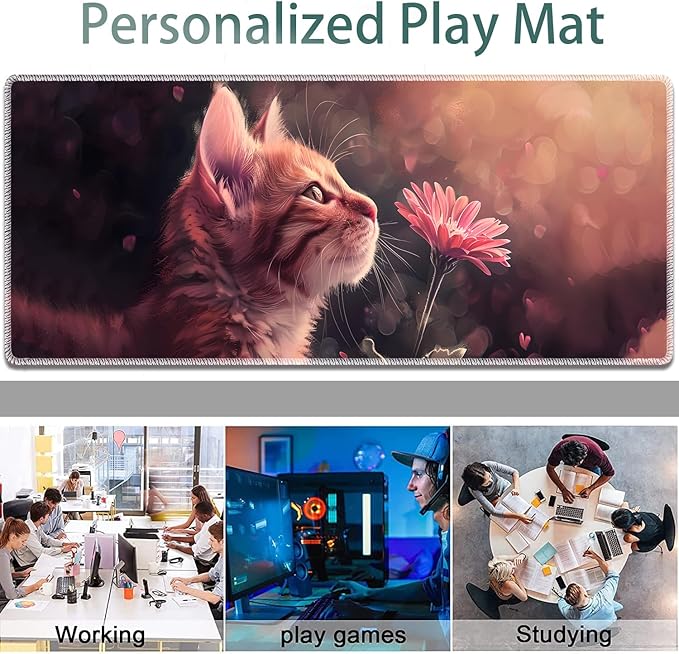Large Gaming Mouse Pad + Keyboard Wrist Rest + Wrist Support + Coaster Set Memory Foam Ergonomic for Easy Typing XXL Extended Gaming Mouse Pad Table Pad - Kitten Daisy