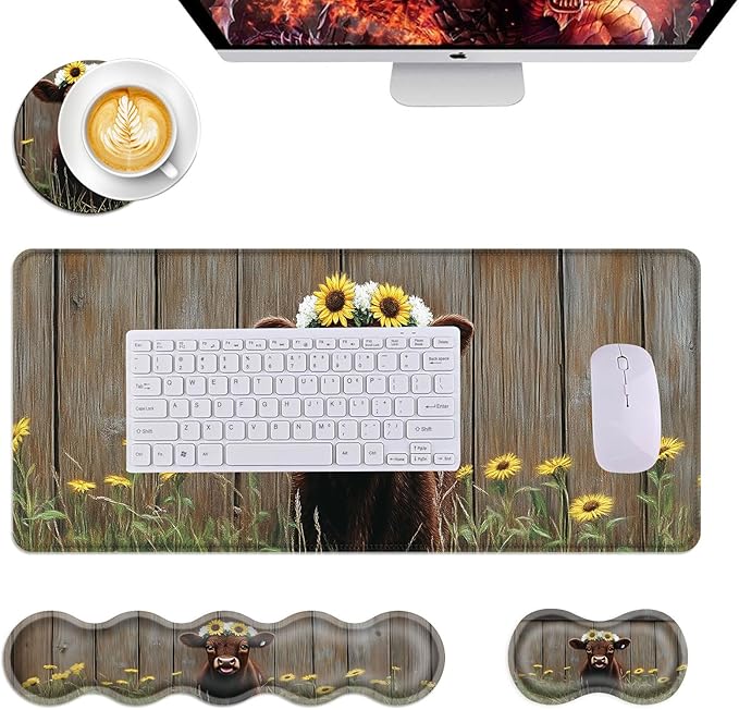Mouse PadLarge Desk Mat Set 4in1 XL Mousepad + Keyboard Wrist Rest+Mouse Wrist Rest+Coaster with Ergonomic Desk Pad for Home Office Table Computer Cover -Calf with Sunflower Crown