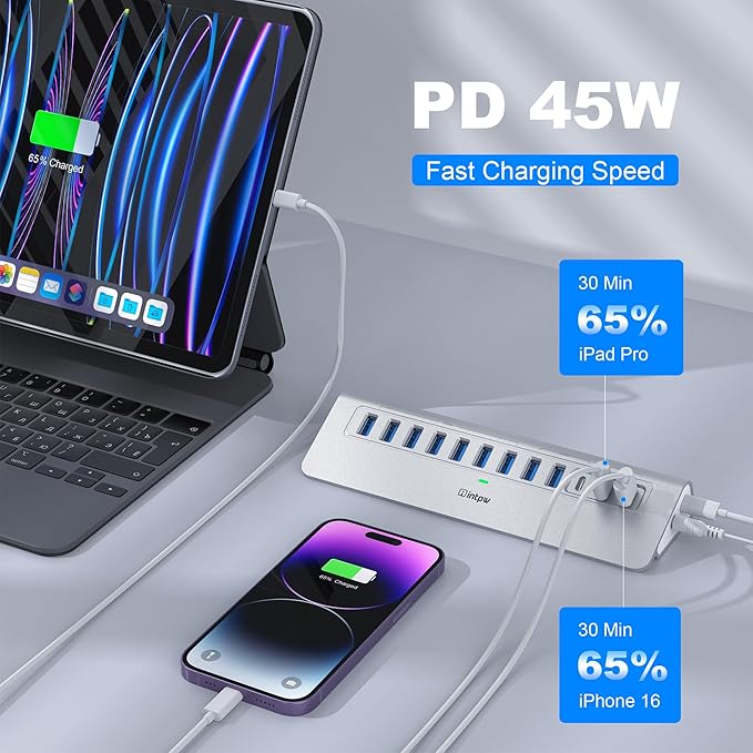 Powered USB Hub intpw 12 Port USB C Hub with 10Gbps USB C 3.2+2 USB A 3.2 7 USB 3.0 2 PD 45W Charging Port 65W Power Adapter + 3.3FT Cable Aluminum USB Hub for Laptop/iPhone 17/16/PC