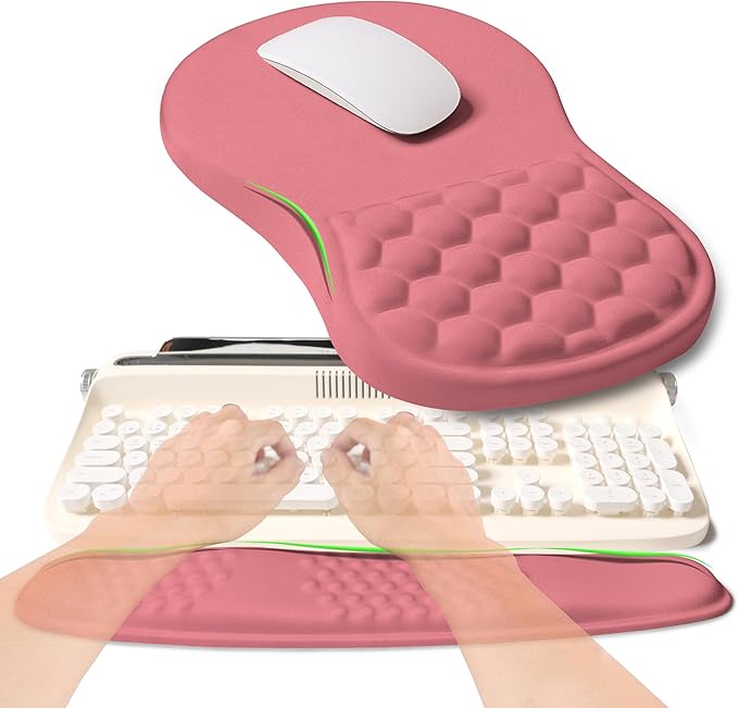 2-in-1 Ergonomic Set Wave Rise Keyboard Wrist Rest and Massage Bulge Slope Mouse Pad Wrist Support Cushion Memory Foam Integrated to Relieve Wrist Pain Muskmelon Pink
