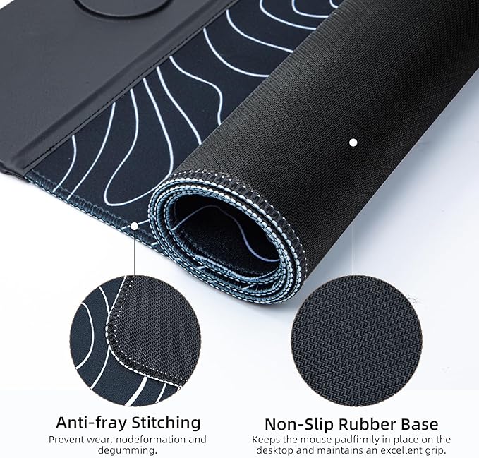 3 in 1 Wireless Charging Mouse Pad Gift for Dad/Office ManagerWireless Charger Compitable with iPhone/Watch/airpods. Wireless Charging Desk Mat 90 x 40cmBlack Topographic Computer Desk Pad