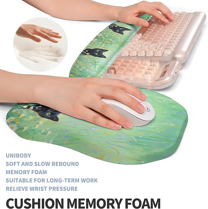 2-in-1 Ergonomic Set Wave Keyboard Wrist Rest and Massage Slope Mouse Pad Wrist Support Rebound Memory Foam for Relieve Carpal Tunnel Syndrome and Wrist Pain (Oil Painting Cats)
