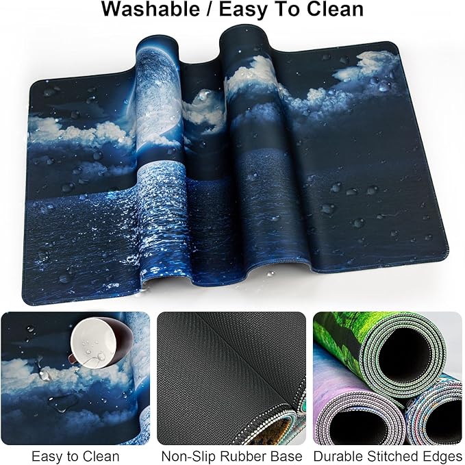 Keyboard Wrist Rest + Mouse Pad with Wrist Support + Desk Mat + Coaster 4 in 1 Set XXL Large Gaming Mousepad Cute Ergonomic Mouse Pads for Desk Computer Laptop Office Decor-Moon Ocean