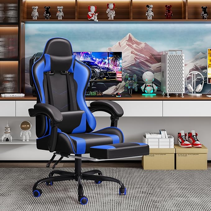 JUMMICO Gaming Chair Ergonomic Computer Chair with Footrest and Massage Lumbar Support Height Adjustable Video Gaming Chair with 360° Swivel Seat and Headrest (Blue)