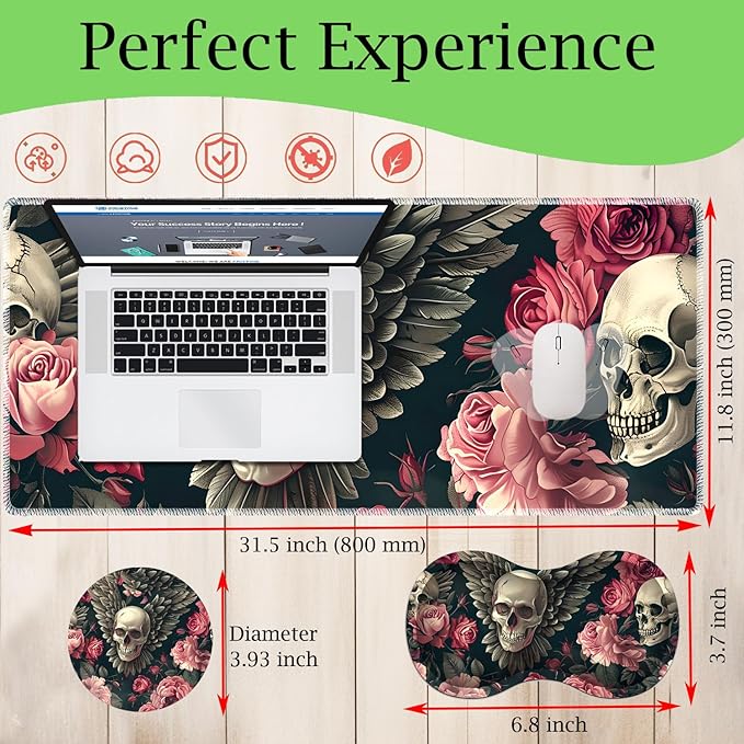 3-in-1 Large Mouse Pad Gaming Set (31.5 x 11.8 inch)+ Wrist Rest Pad + Coaster Memory Foam Gel Wrist Rest Pad for Pain Relief Stitched Edges Non-Slip Table Mat Rose Winged Skull