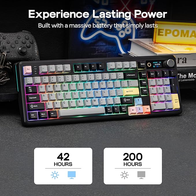 EPOMAKER TH99 PRO 96% Mechanical Keyboard with Screen &amp Knob 10000mAh 2.4Ghz/BT Hot Swap Custom Driver RGB Backlight PBT Keycap Wireless Gaming Keyboard for PC/Mac (Black Sea Salt Silent)