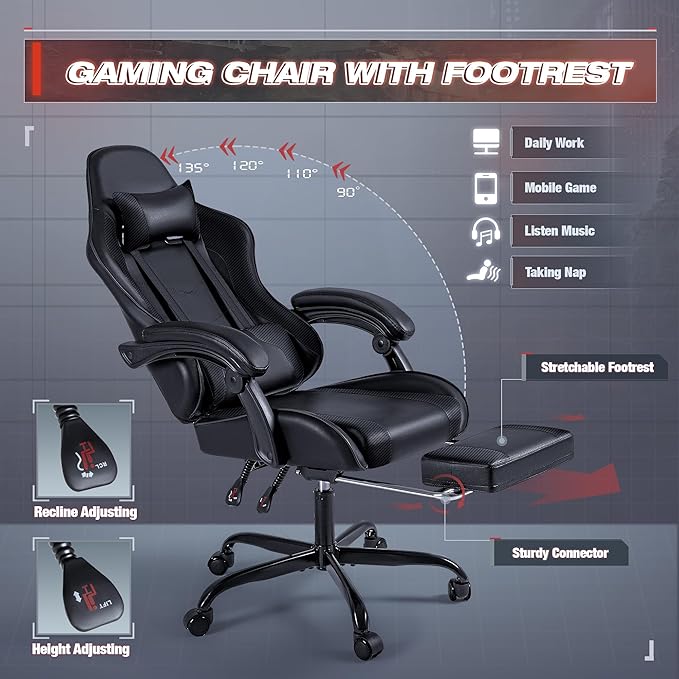 Furmax Gaming Chair Video Game Chair with Footrest and Massage Lumbar Support Swivel Seat Height Adjustable Computer Chair with Headrest Racing E-Sport Gamer Chair (Black)