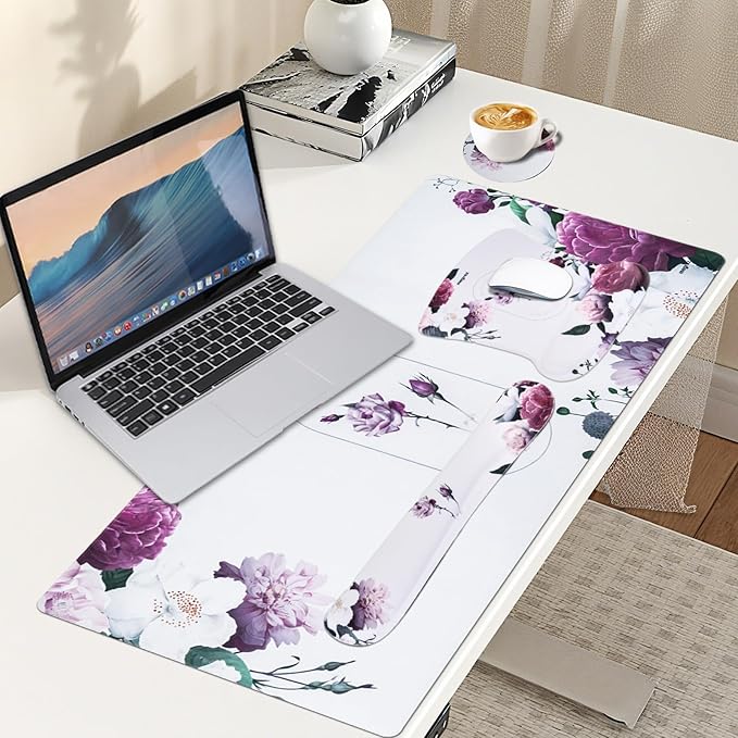 MEGREZ 4-in-1 Ergonomic Memory Foam Wrist Rest Set Desk Pad Mouse Pad with Wrist Rest Keyboard Pad Suitable for Office Workers Programmers &amp Gamers–Relieve Typing &amp Gaming Fatigue White