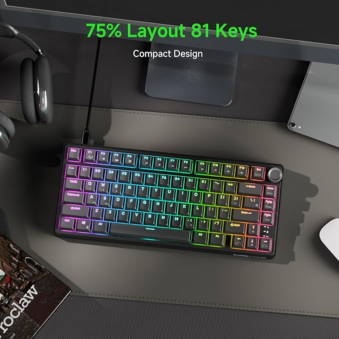 RK ROYAL KLUDGE R75 Wired Mechanical Gaming Keyboard 75% Hot-Swap Mechanical Keyboard Volume Knob Soft Pre-lubed Tactile Brown Switch
